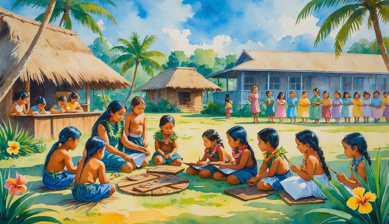 A scene showing Hawaiian children and elders learning outdoors near traditional huts, a 19th-century schoolhouse with children reading, and a modern school building in the background surrounded by tropical plants.