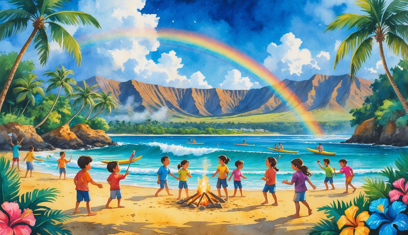 Children enjoying beach activities and a campfire near palm trees and mountains by the ocean in Hawaii.