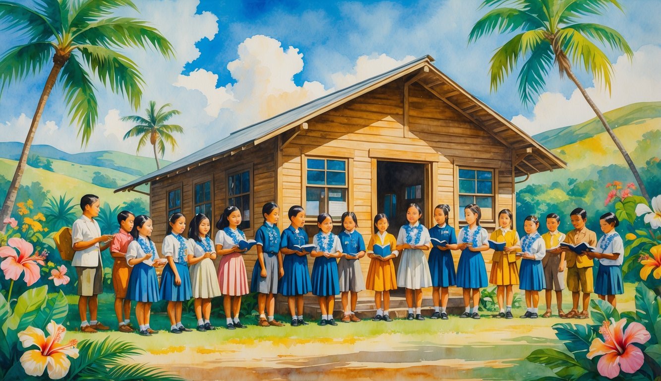 A group of children and teachers outside a wooden schoolhouse surrounded by tropical plants and hills.