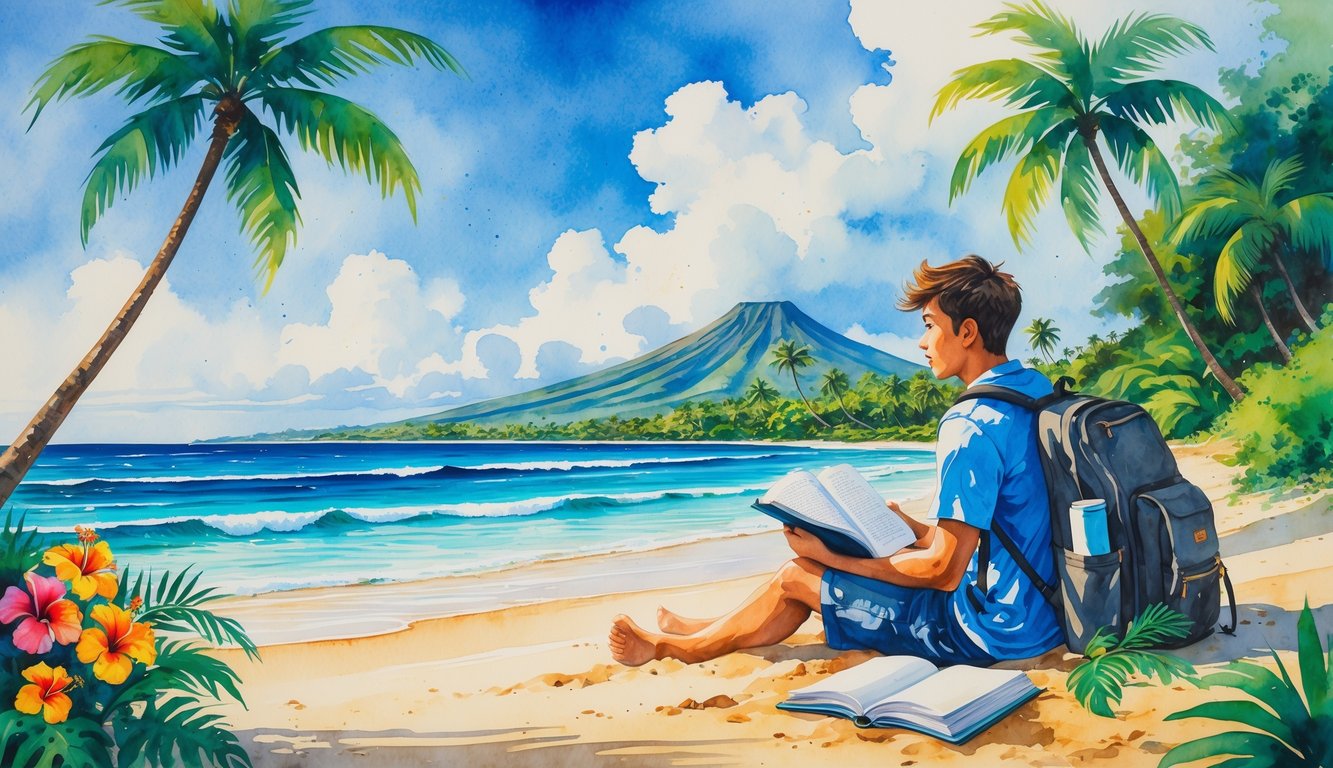 A student sitting on a Hawaiian beach with an open book, surrounded by palm trees, flowers, ocean waves, and a distant volcano.