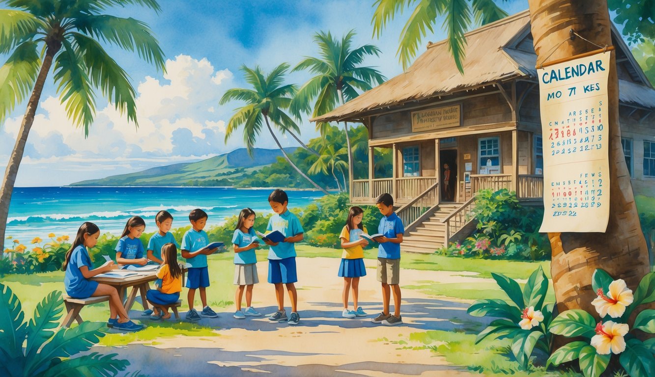 Students and a teacher gathered outdoors near a traditional Hawaiian school building surrounded by tropical plants and palm trees, with a calendar subtly displayed on a tree.