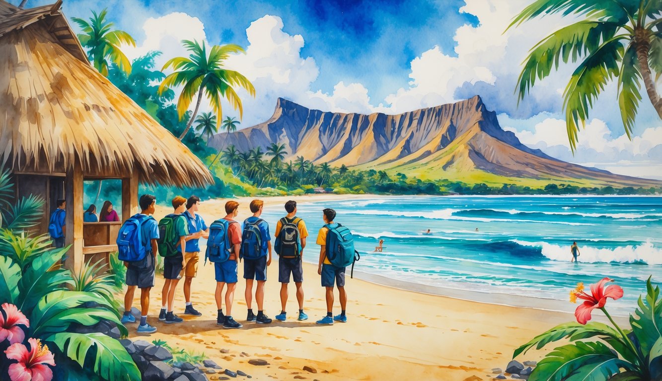 A group of students near a thatched hut by a tropical beach with palm trees and mountains in the background.