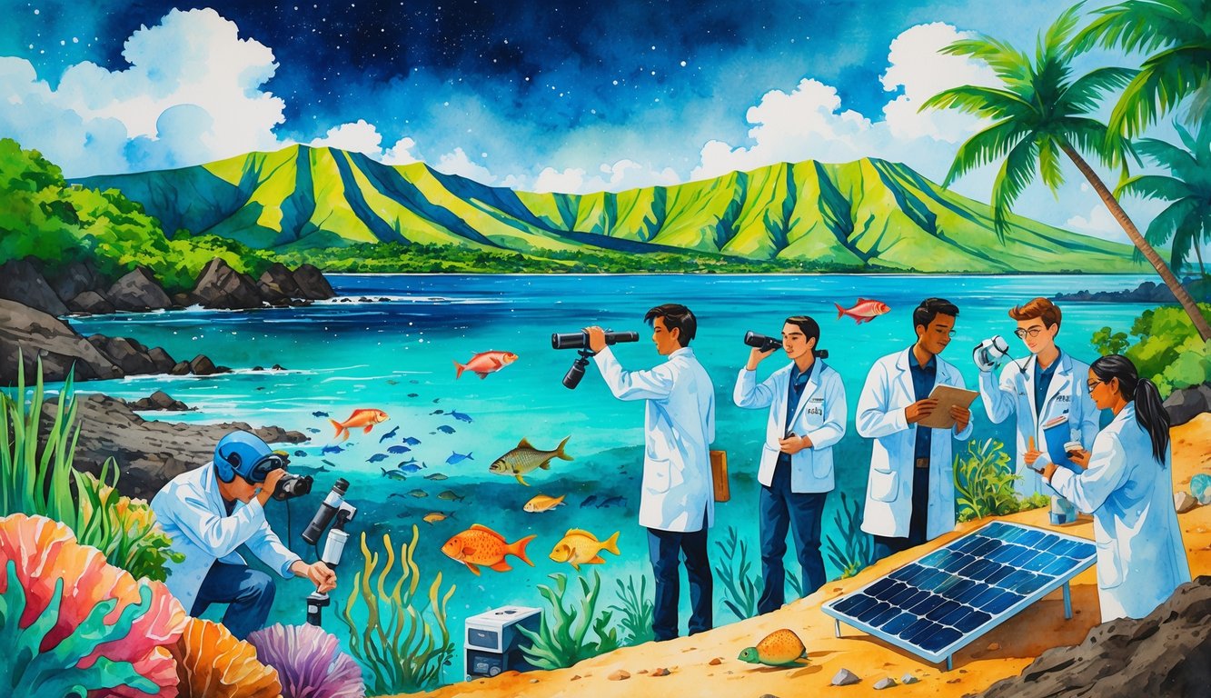 A coastal Hawaiian landscape with students and researchers studying coral reefs, observing the sky, and collecting soil samples near mountains and clear ocean waters.