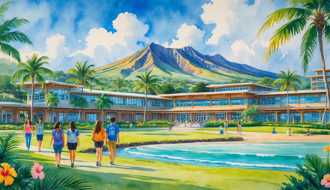 A university campus in Hawaii with diverse students, palm trees, mountains, and a nearby ocean beach.