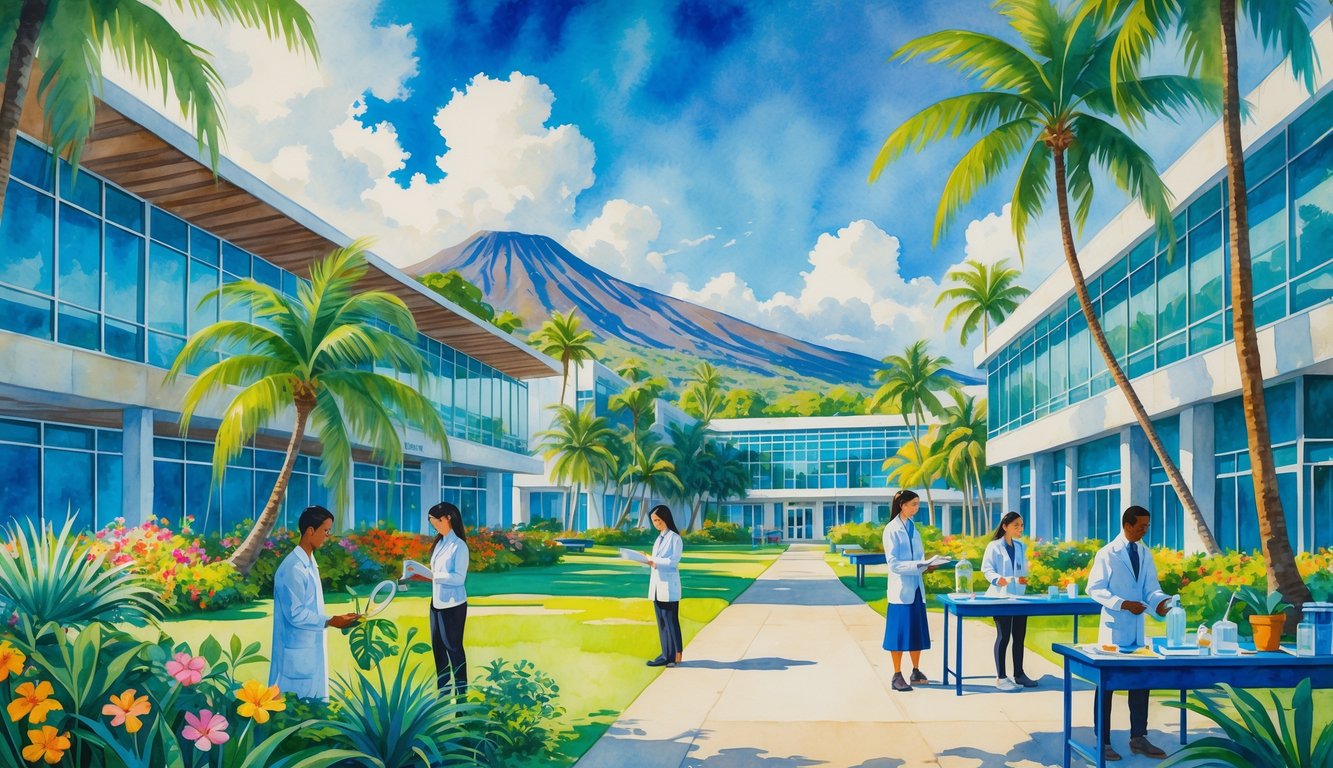 A Hawaiian university campus with students studying science outdoors surrounded by tropical plants, mountains, and ocean in the background.