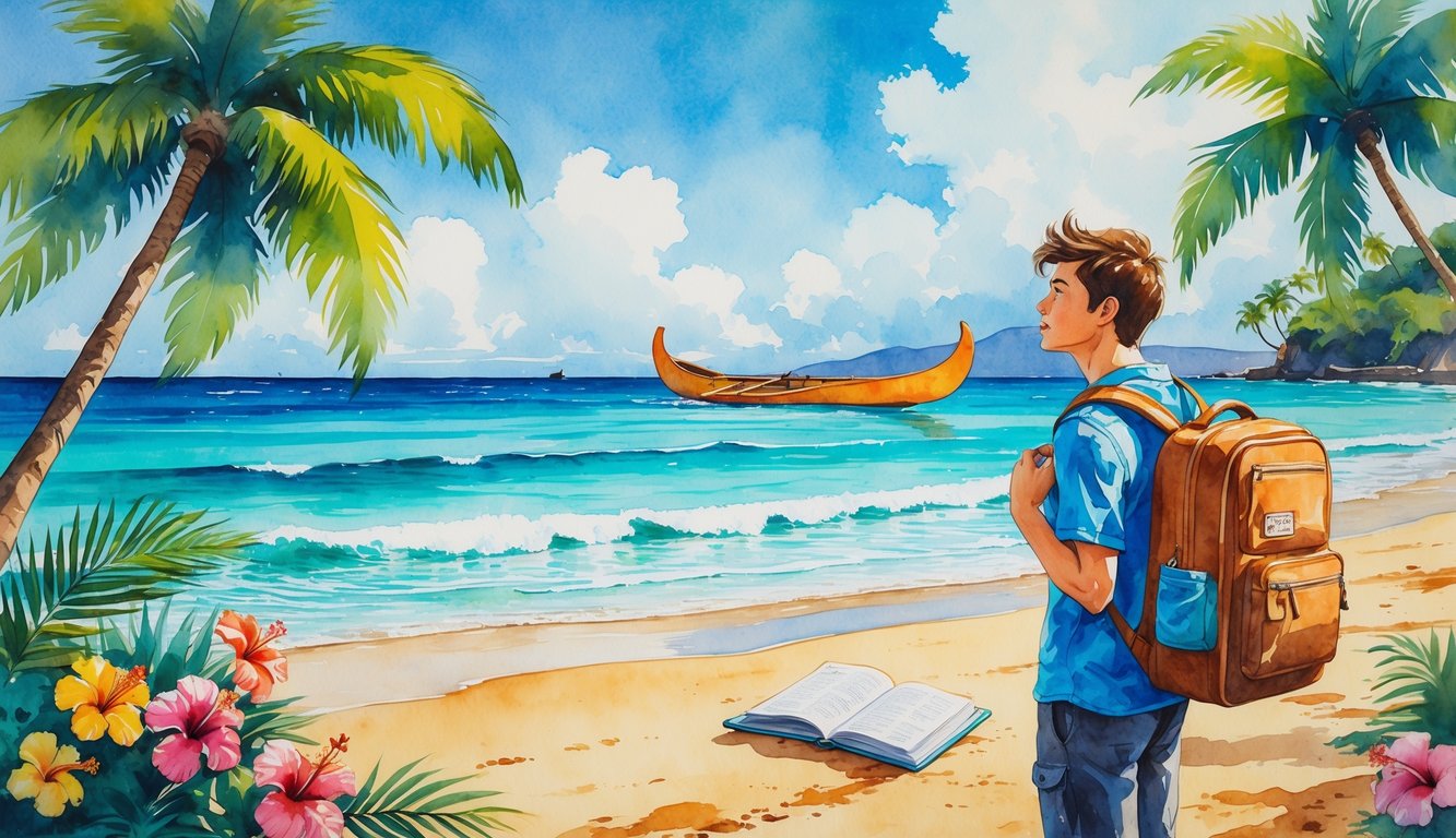 A young student with a backpack and suitcase stands on a Hawaiian beach with palm trees, flowers, ocean waves, and a canoe in the background.