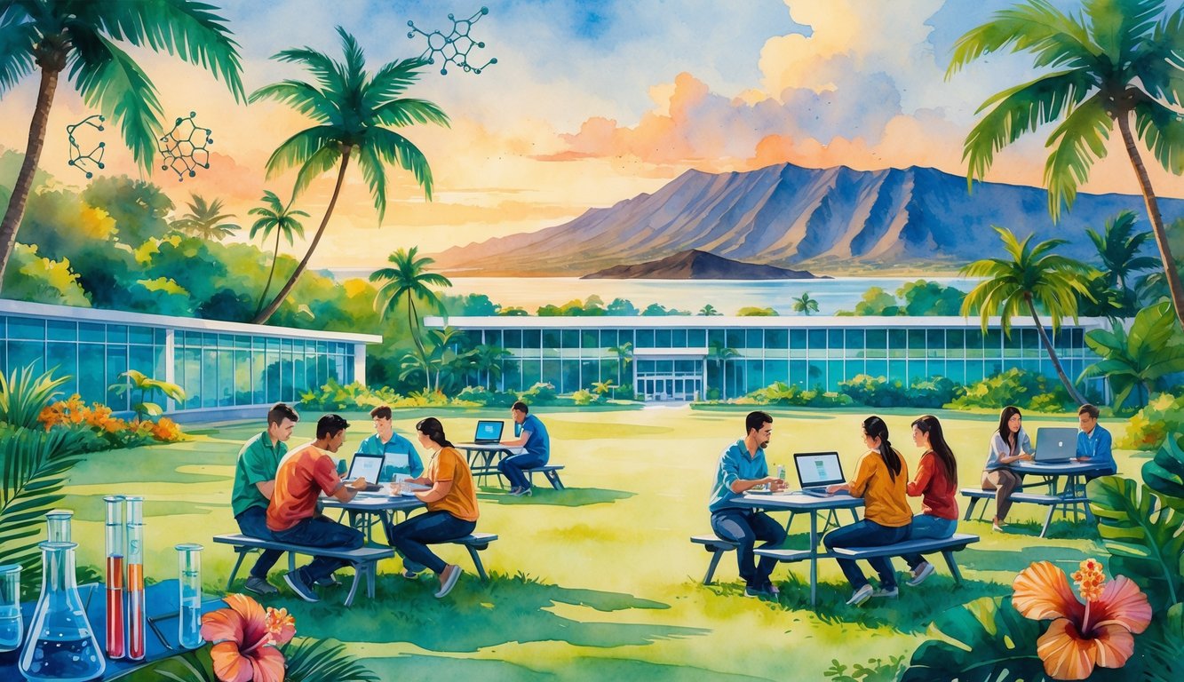 A group of students studying outdoors near tropical plants with a modern research building and volcanic mountains in the background.