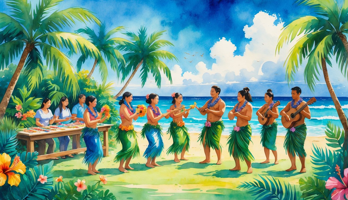 People participating in Hawaiian cultural activities outdoors surrounded by tropical plants and ocean waves.