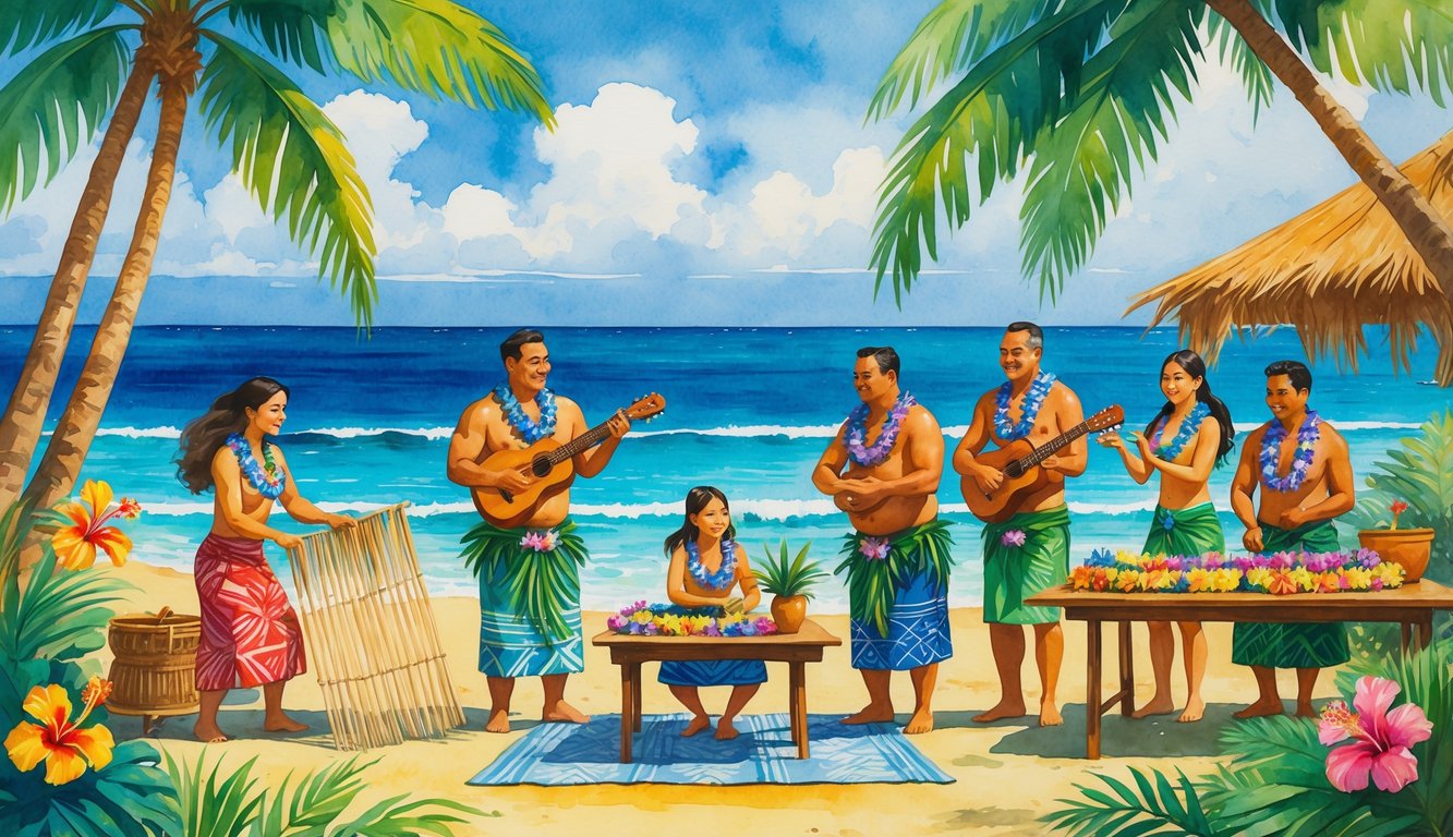 A group of people participating in traditional Hawaiian activities outdoors, including weaving, playing ukulele, dancing hula, and making flower leis, surrounded by tropical plants and ocean in the background.
