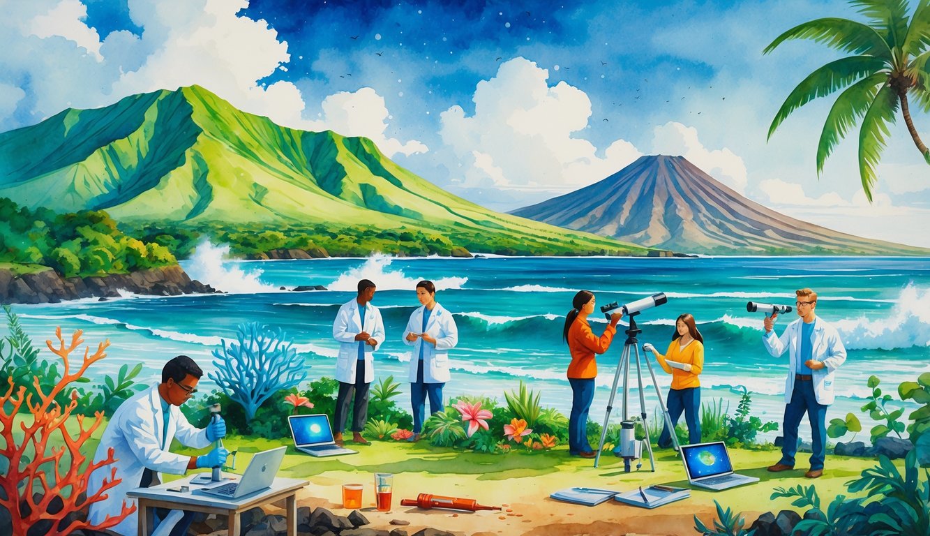 A Hawaiian landscape showing scientists studying coral reefs, tropical plants, a volcano, and the sky with scientific tools around them.