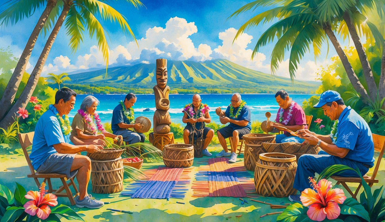 People participating in traditional Hawaiian arts and crafts workshops outdoors surrounded by palm trees, flowers, mountains, and ocean.