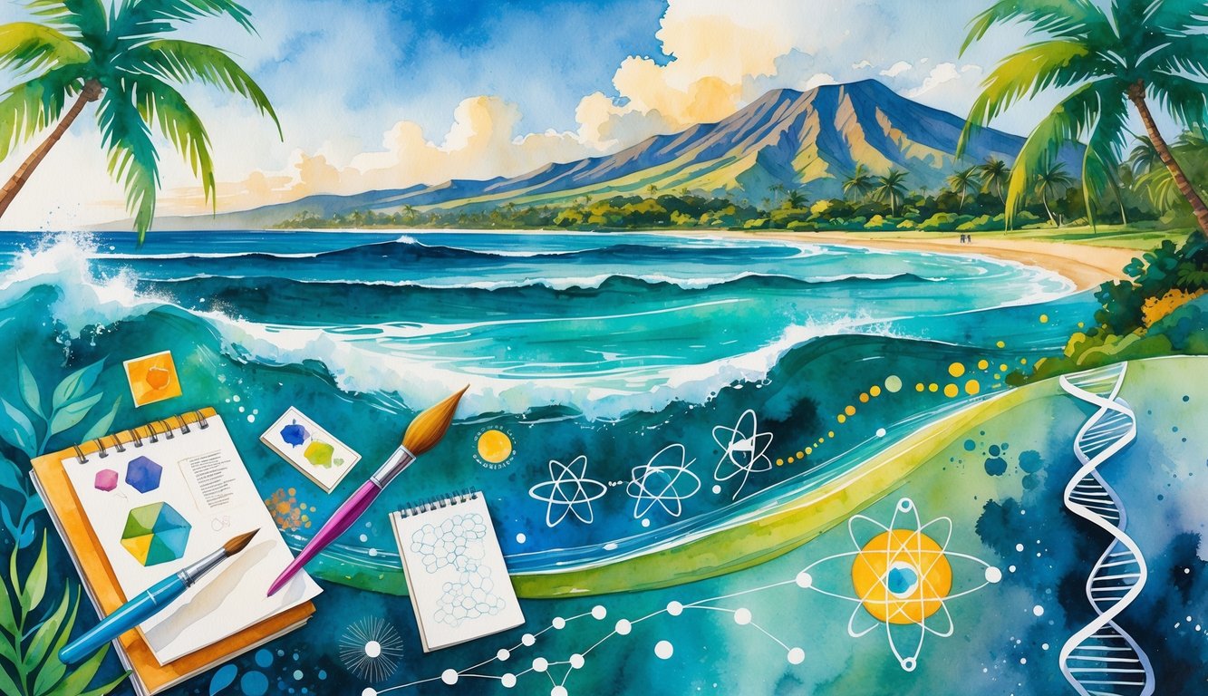 A tropical Hawaiian landscape with ocean waves, palm trees, volcanic mountains, and symbols of art and science including paintbrushes, sketchbooks, microscopes, and DNA strands.