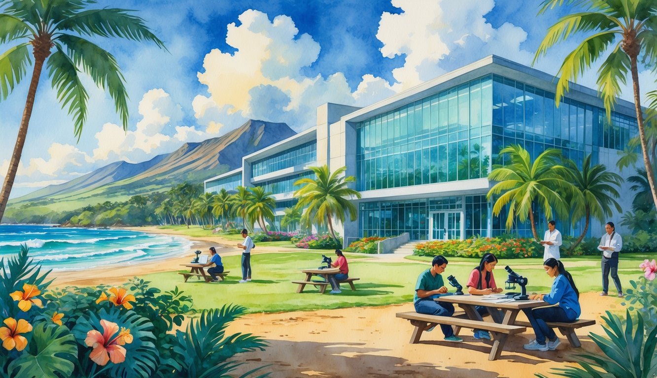 A coastal university campus in Hawaii with students engaged in scientific activities outdoors near tropical plants, a beach, and mountains.