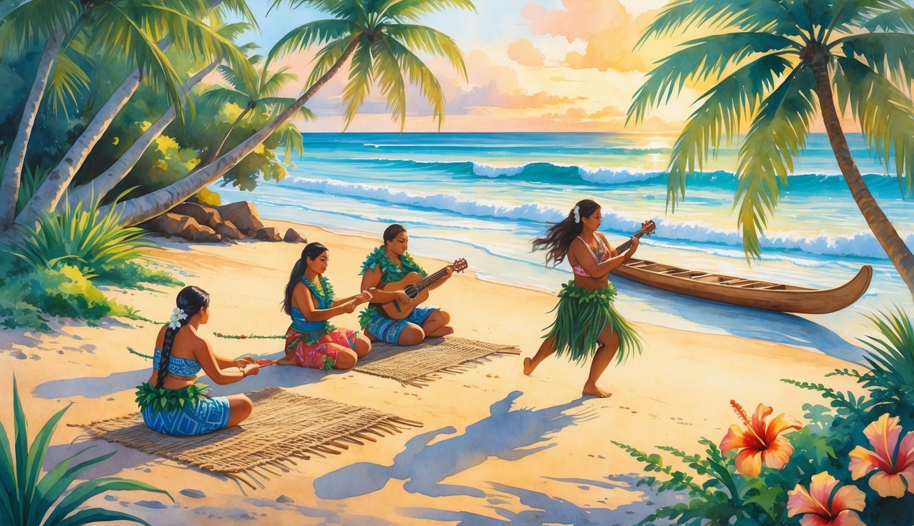 People participating in traditional Hawaiian cultural activities on a beach with palm trees, flowers, and an outrigger canoe at sunset.