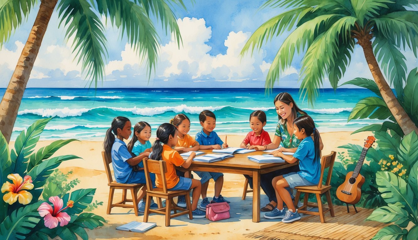 A group of children and an adult tutor sitting at a table outdoors surrounded by palm trees and tropical flowers near the ocean, engaged in a learning activity.