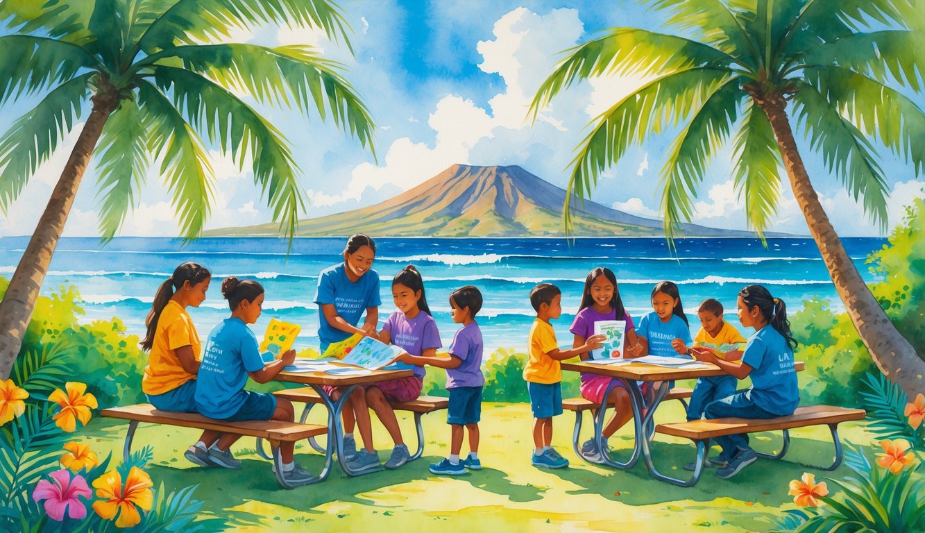 A group of volunteers tutoring children outdoors near the ocean with palm trees and mountains in the background.