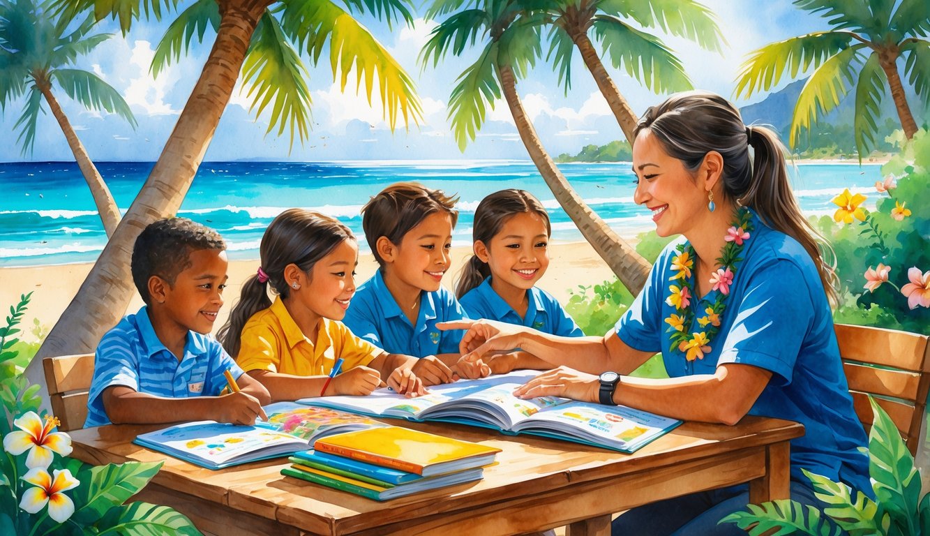 A tutor and children sitting at a table outdoors near a beach, surrounded by palm trees and tropical plants, engaged in a learning activity.