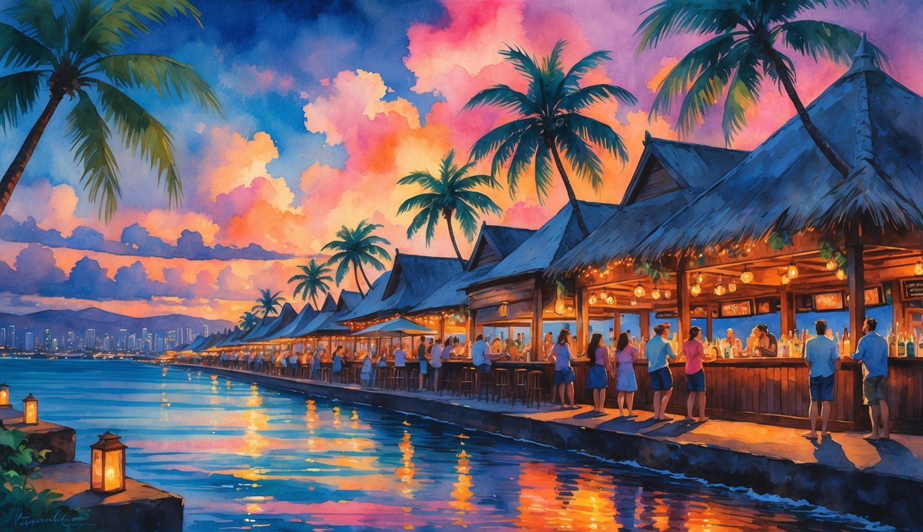 A waterfront scene in Honolulu with bars, palm trees, people enjoying drinks, and a colorful sunset sky.