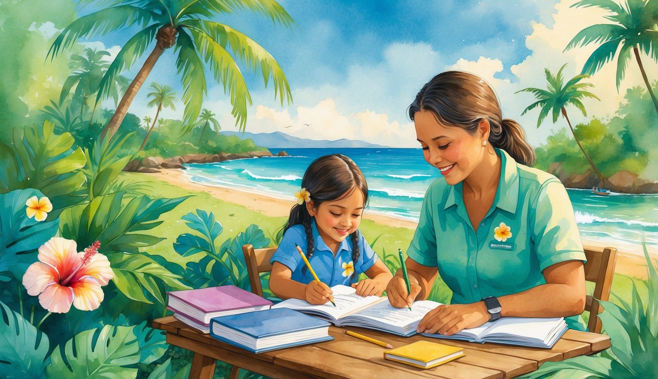 An adult tutor helping a young child with reading and writing at a wooden table outdoors surrounded by tropical plants and a distant beach.