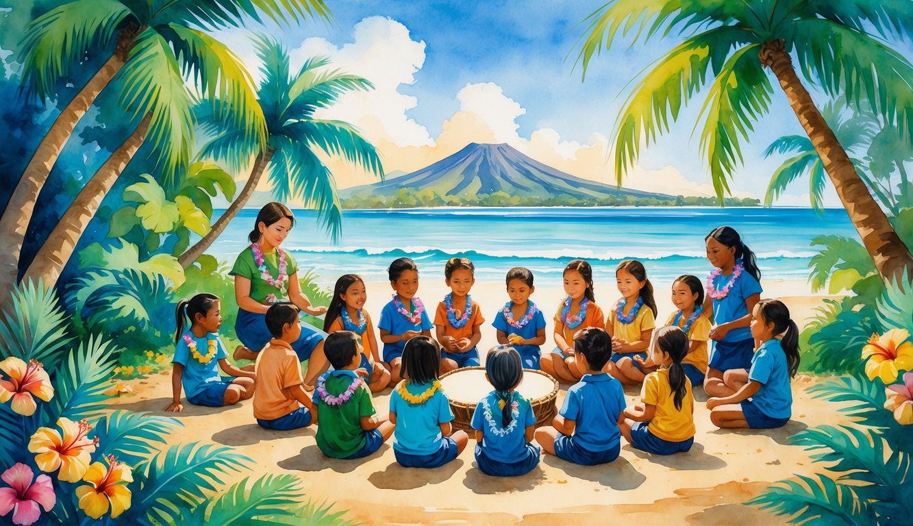 A group of children and a teacher learning outdoors surrounded by tropical plants, with a drum, ukulele, ocean, and mountain in the background.