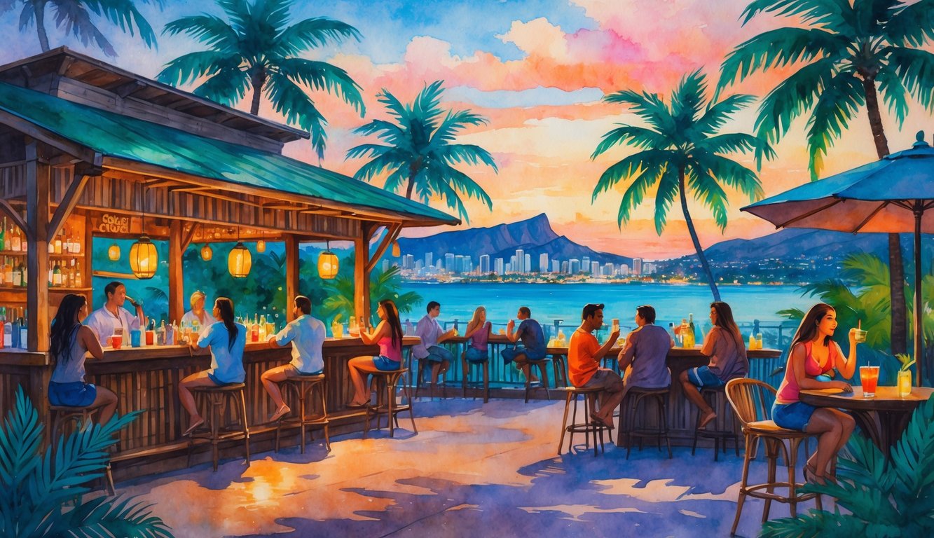 An open-air bar with people enjoying drinks surrounded by palm trees, with the Honolulu skyline and Diamond Head crater in the background at sunset.
