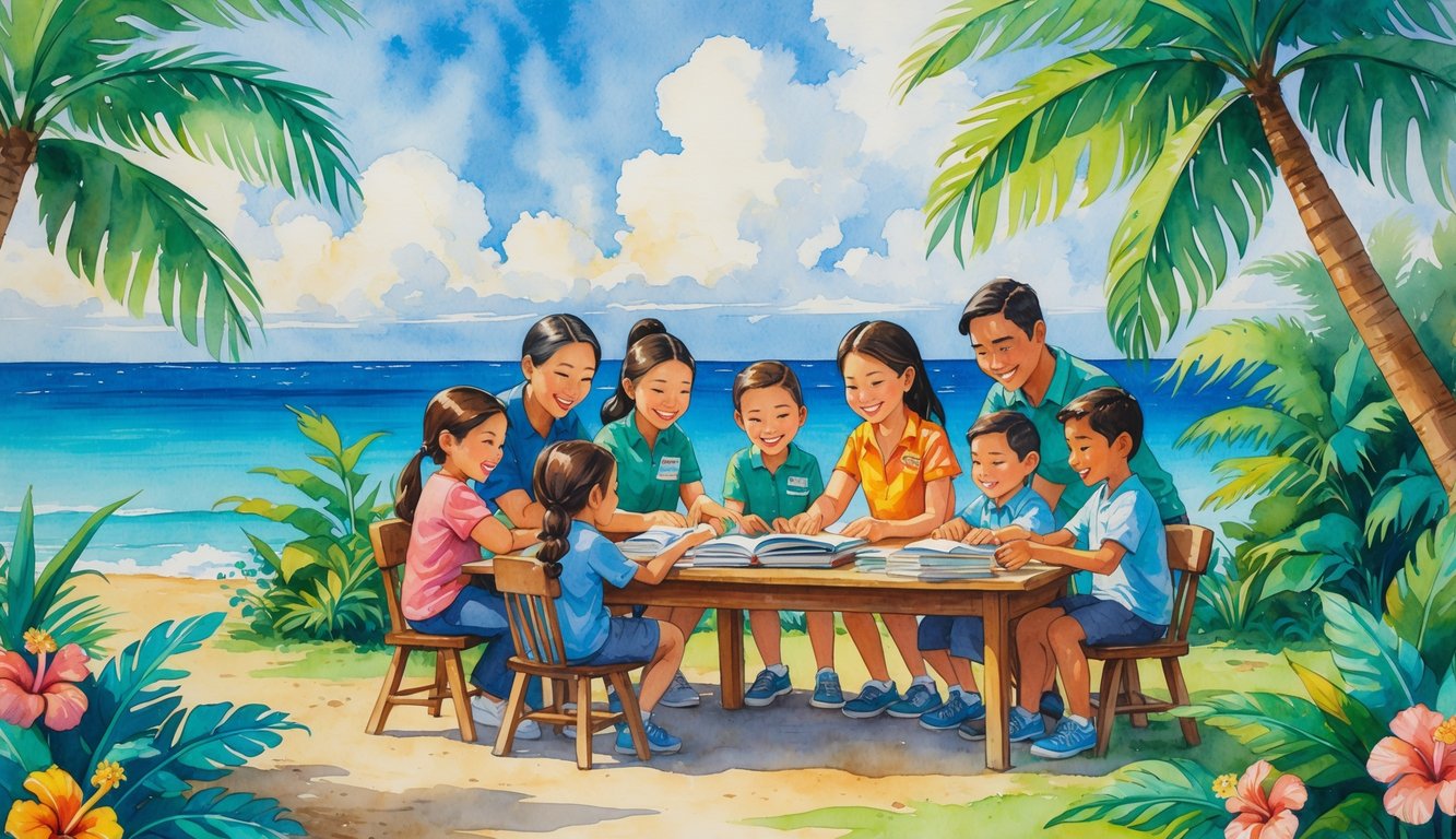 Volunteers and children tutoring outdoors at a wooden table surrounded by tropical plants and palm trees near the ocean.