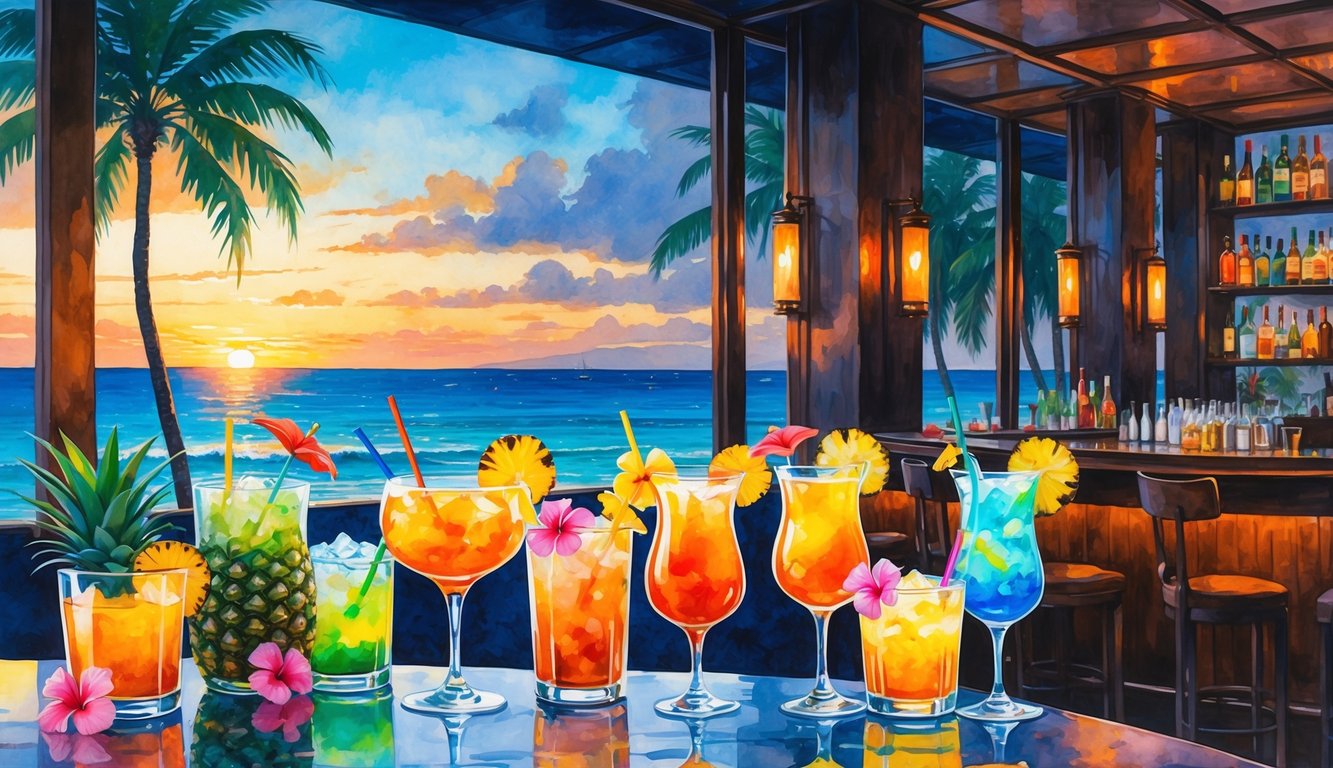 A bar counter with colorful tropical cocktails in front of windows showing a beach with palm trees and the ocean at sunset.