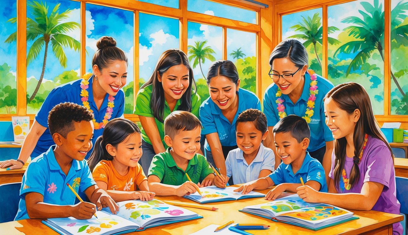 A group of volunteers helping children with schoolwork in a bright classroom with tropical plants visible outside.