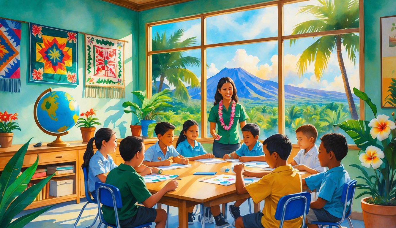 A classroom with students and a teacher surrounded by Hawaiian plants and cultural decorations, with a tropical landscape visible through the window.