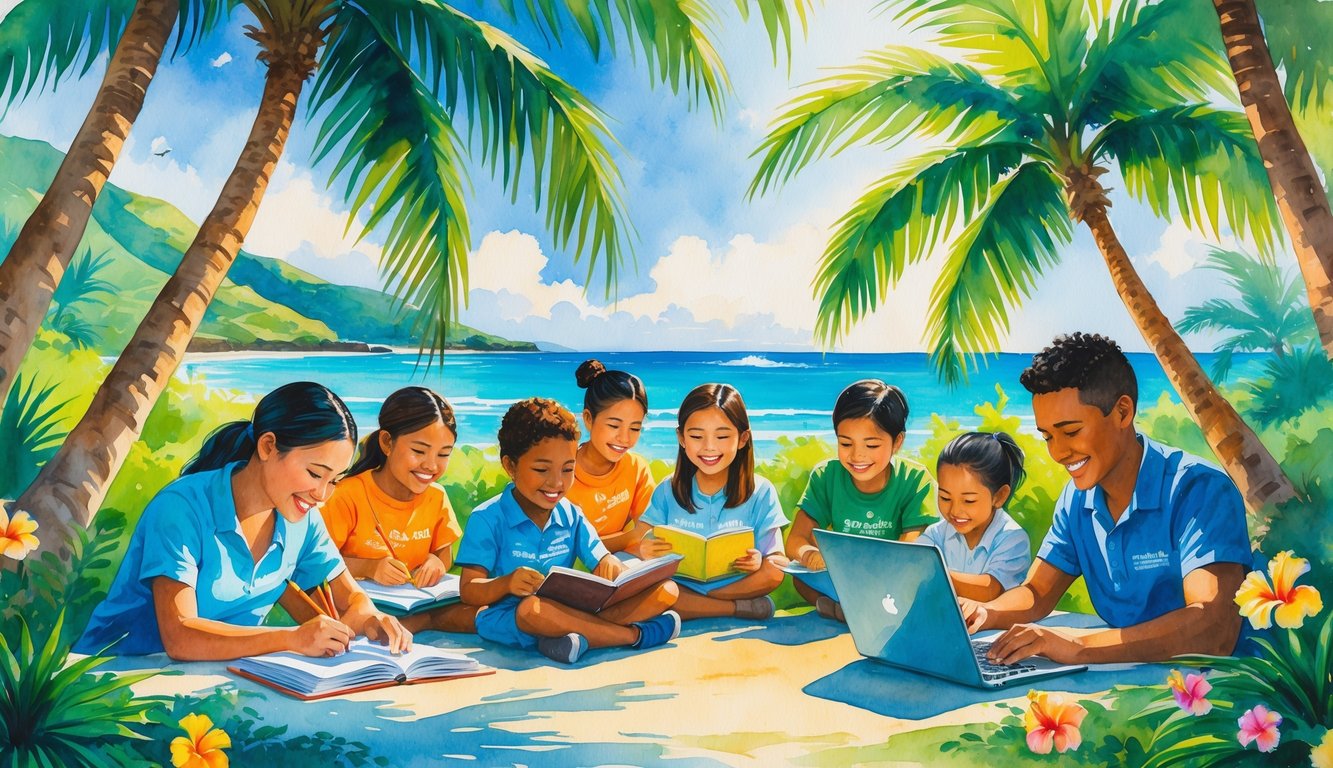 A group of volunteers and children learning together outdoors under palm trees near the ocean in Hawaii.