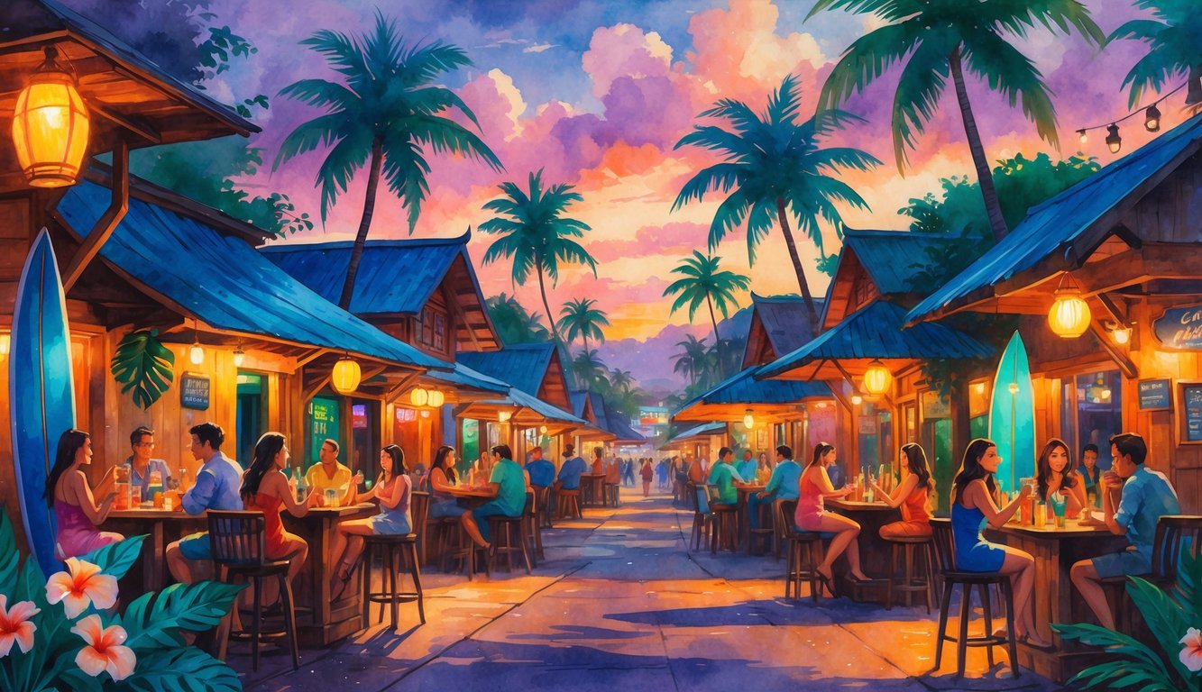 A lively street scene in Honolulu with people enjoying drinks outside colorful bars under palm trees at twilight.