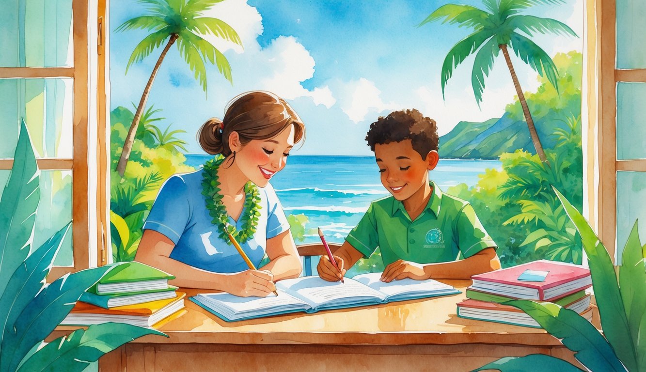 An adult tutor and a young student sitting at a table with books, working together in a room with a window showing tropical plants and the ocean outside.