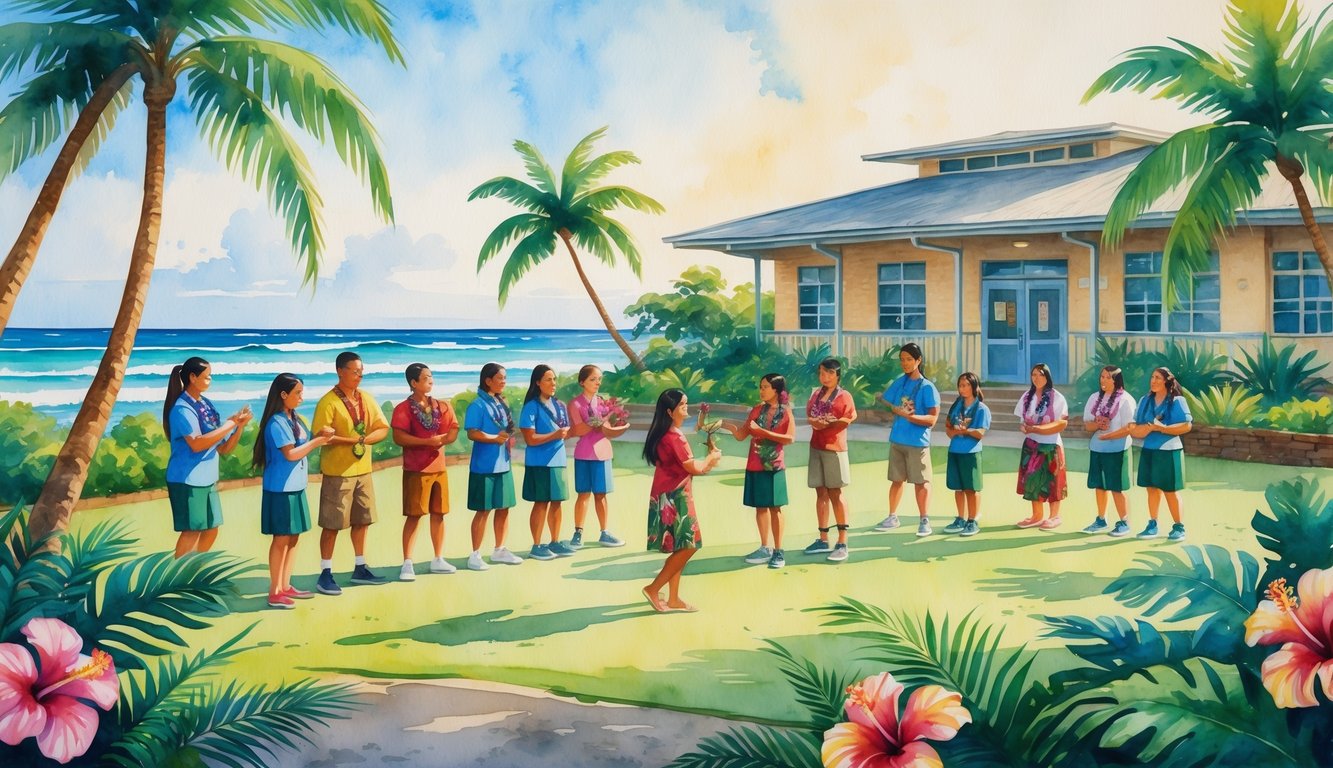 Students and teachers outdoors learning traditional Hawaiian culture surrounded by tropical plants and a community building near the ocean.