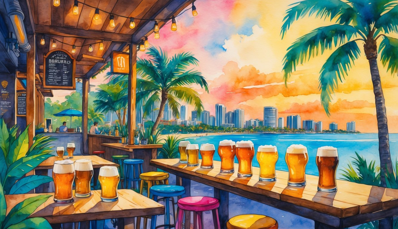 Outdoor bar scene with tables, tropical plants, glasses of craft beer, and a cityscape with palm trees and ocean in the background at sunset.