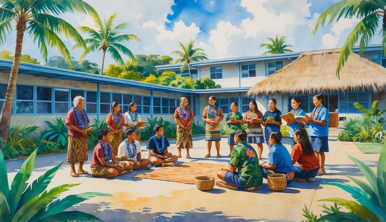 A group of students and elders gathered outdoors in a Hawaiian school courtyard surrounded by tropical plants and traditional buildings, sharing knowledge and stories.
