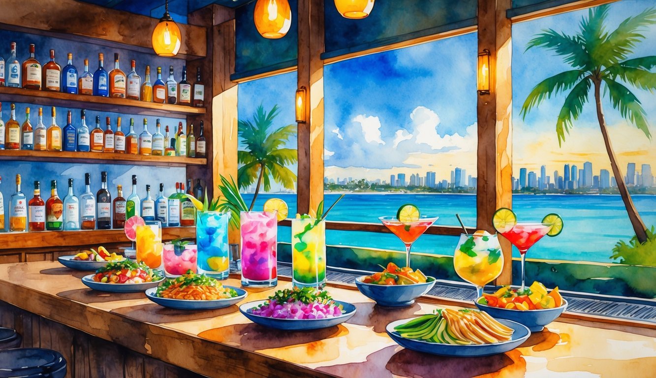 A lively bar scene with tropical drinks and small plates on a wooden counter, shelves of bottles behind the bar, and palm trees and city skyline visible through large windows.