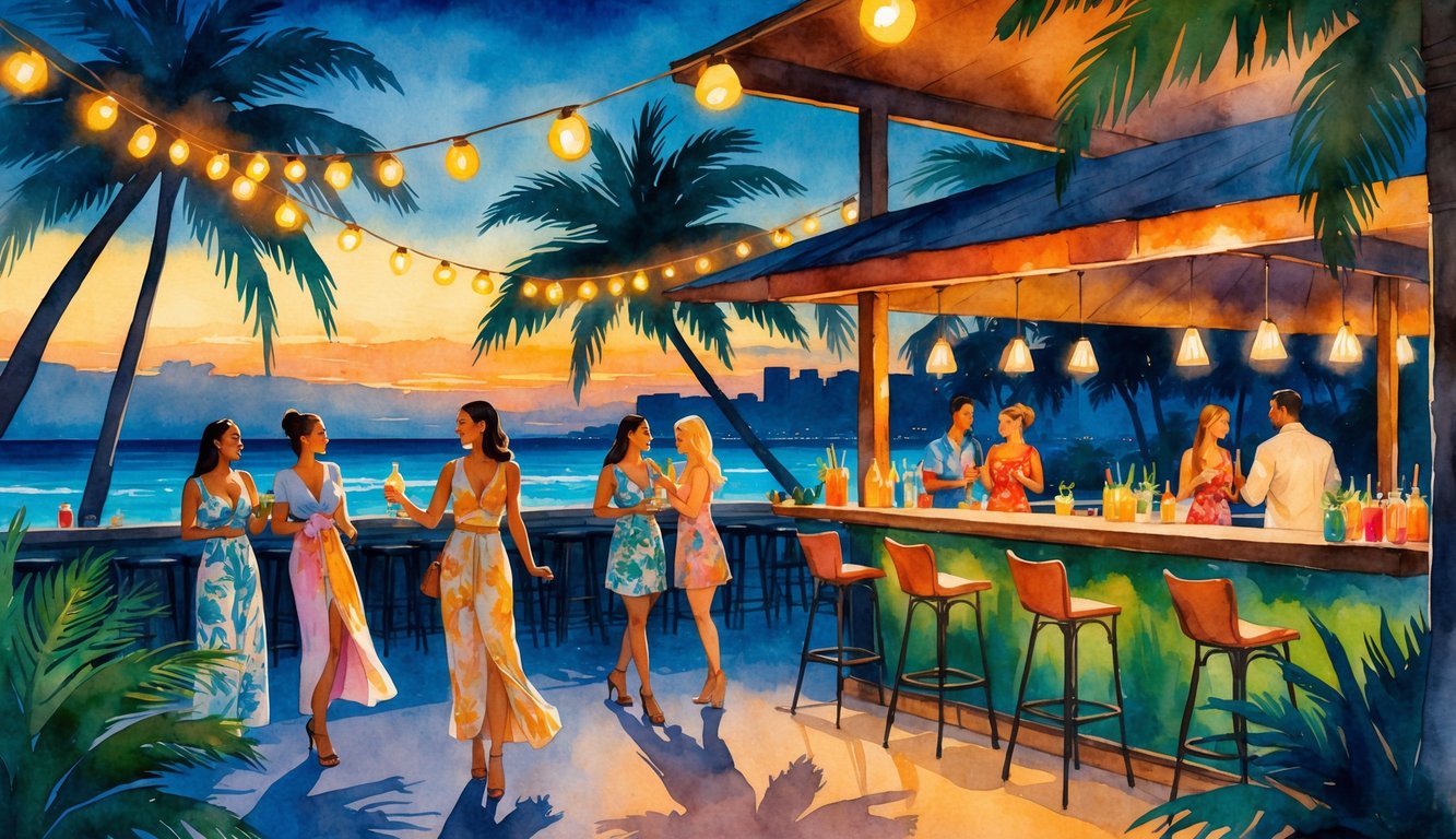 Outdoor bar scene in Honolulu at twilight with people enjoying drinks under string lights surrounded by palm trees and a distant city skyline.