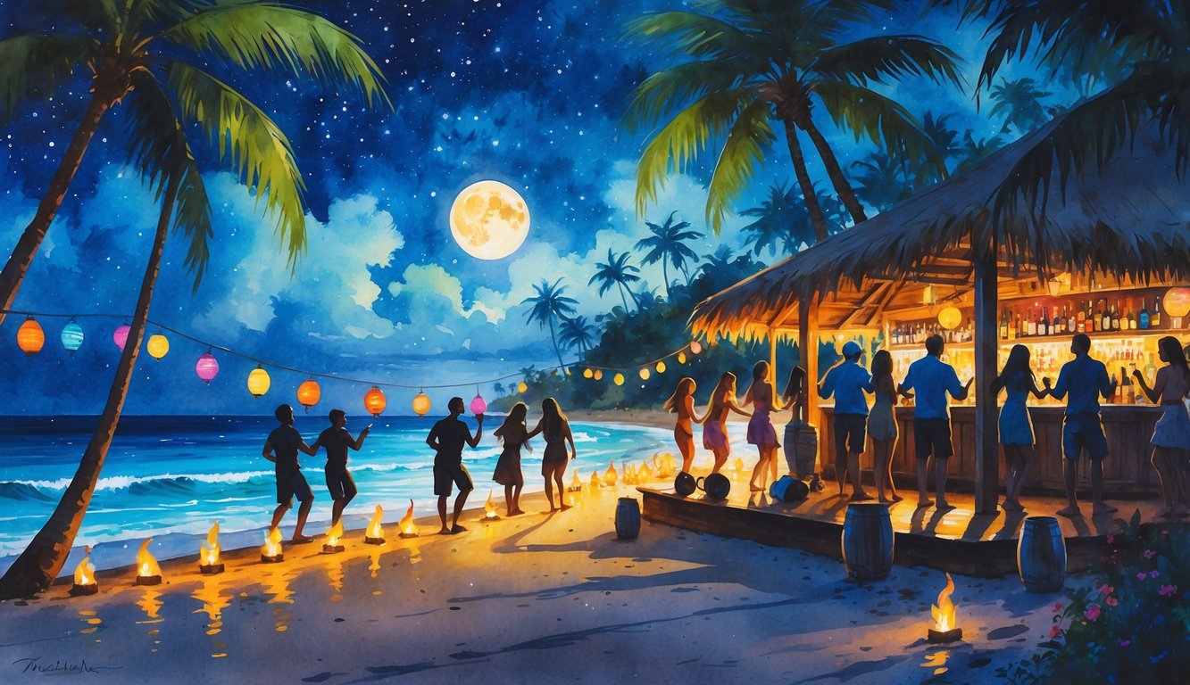 People enjoying a lively nighttime beach scene with tiki torches, palm trees, and a small live band playing music near the ocean under a starry sky.
