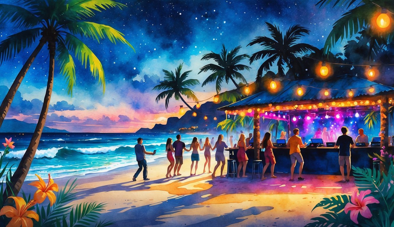 A nighttime beachfront scene with people dancing under palm trees and colorful lights reflecting on the ocean.
