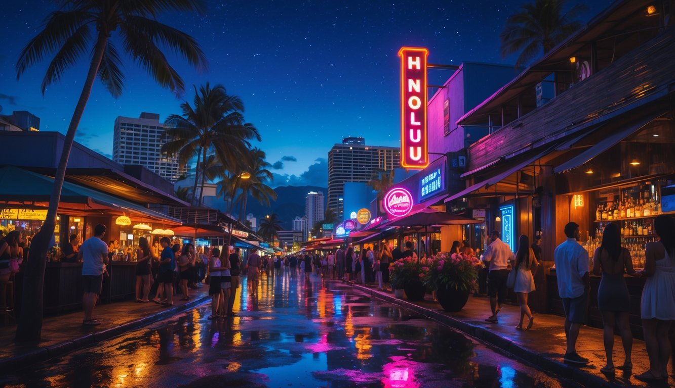 A lively nighttime street scene in Honolulu with people enjoying bars, palm trees, and colorful lights under a starry sky.