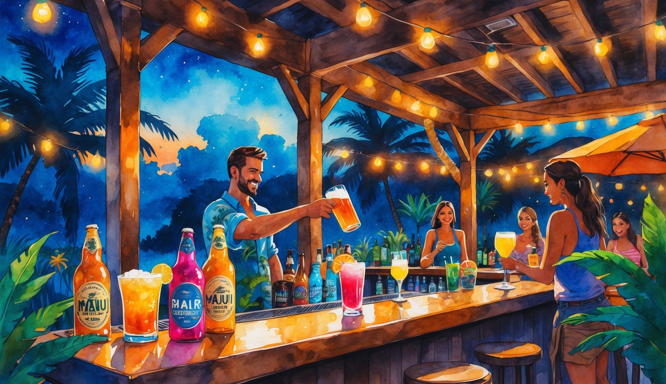 A lively nighttime scene at an open-air bar in Maui with people enjoying drinks under string lights and tropical palm trees.