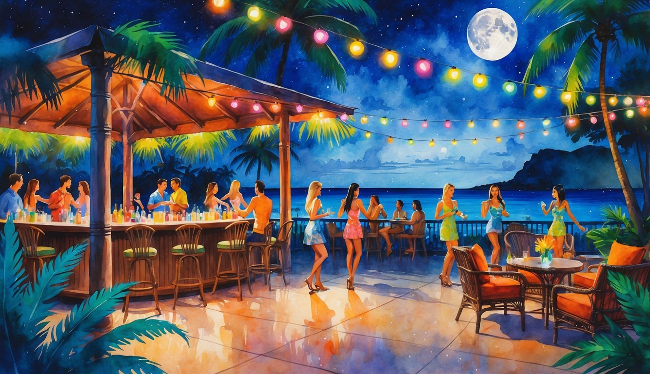 A lively nighttime scene of people enjoying a tropical bar and lounge by the ocean with palm trees, tiki torches, and colorful lights.