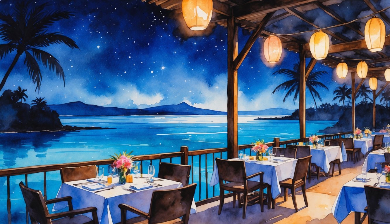 An outdoor dining terrace by the ocean at night with lanterns, palm trees, and distant mountains under a starry sky.