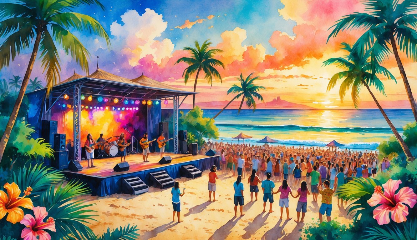 A lively beach scene with musicians playing Hawaiian instruments on an open-air stage, surrounded by palm trees, a sunset over the ocean, and an audience enjoying the music.