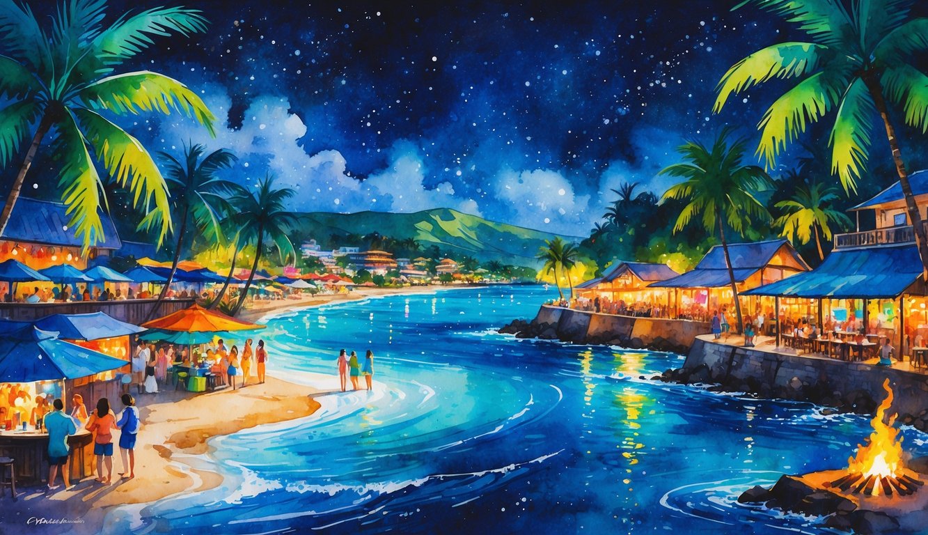 A nighttime scene showing beach bars, a lively town square with lanterns, oceanfront bonfires, and hillside restaurants with island lights in the background.