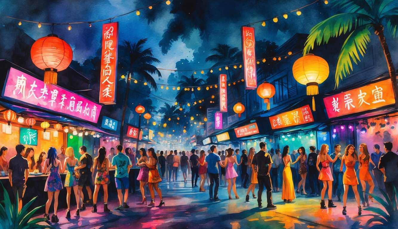 A nighttime street scene showing people enjoying vibrant nightlife with neon signs, lanterns, palm trees, and crowds outside nightclubs in a tropical city.
