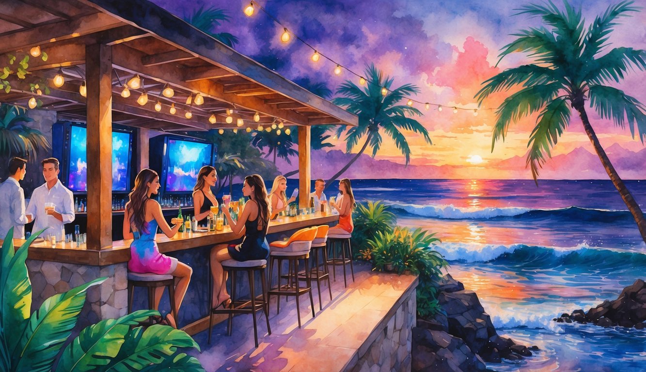 An outdoor dining and cocktail scene at a Hawaiian nightclub with people enjoying drinks near palm trees and the ocean at twilight.