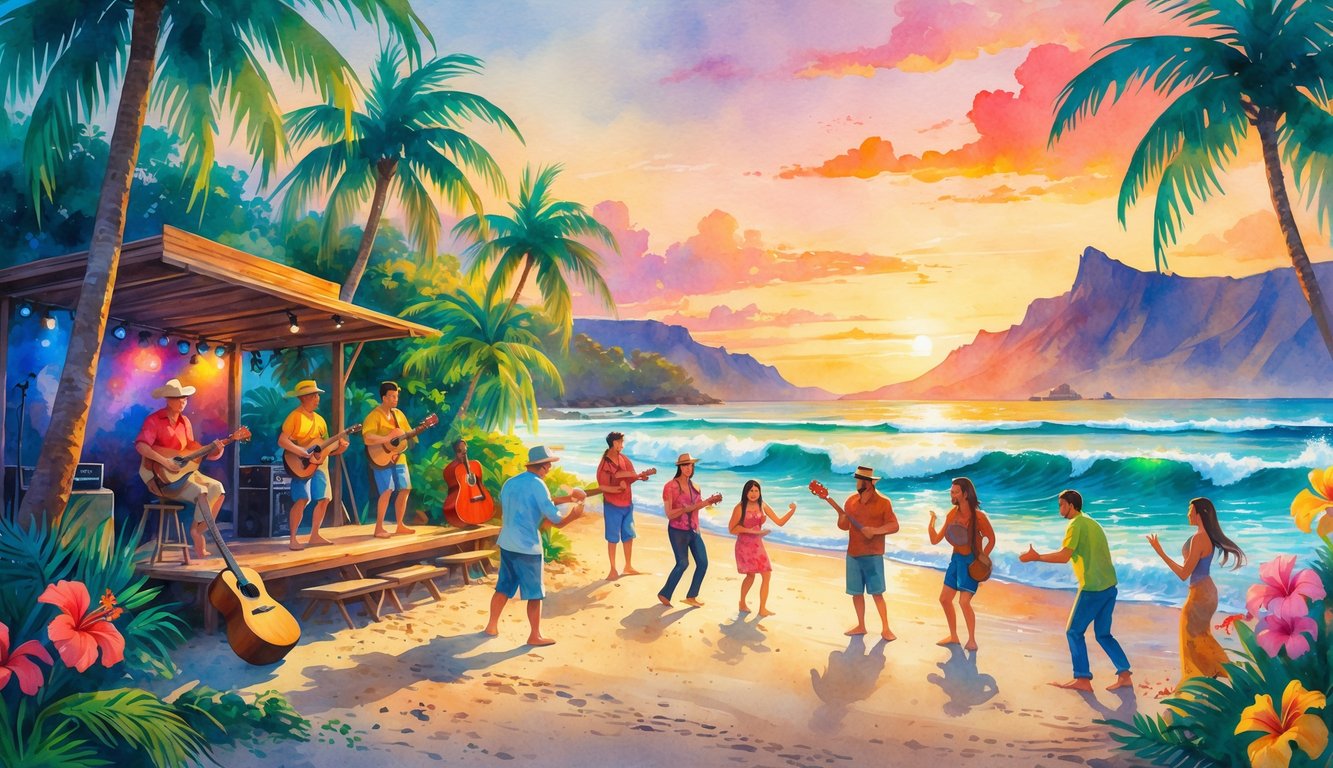 A beachside scene with musicians playing Hawaiian instruments on a small stage and people enjoying the music surrounded by palm trees and flowers at sunset.