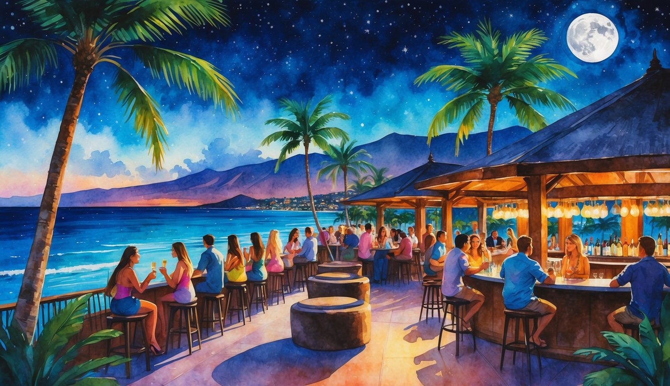 A nighttime scene showing people enjoying drinks and socializing at an open-air nightclub terrace by the ocean with palm trees and mountains in the background.