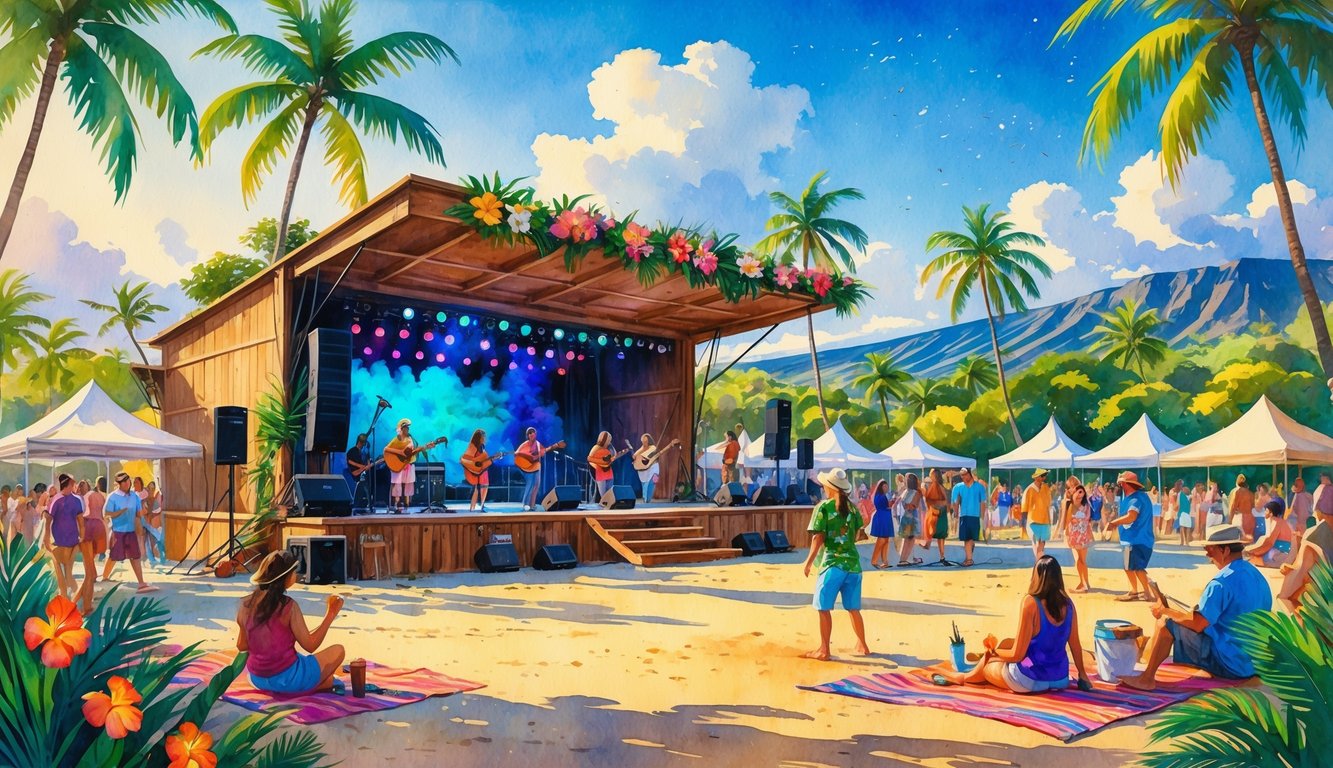 A lively outdoor music festival in Hawaii with musicians on stage, people dancing and relaxing, surrounded by palm trees and mountains.